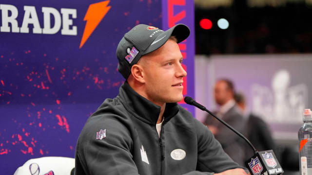 Feb 5, 2024; Las Vegas, NV, USA; San Francisco 49ers running back Christian McCaffrey (23) talks to the media during Super Bowl LVIII Opening Night at Allegiant Stadium. Mandatory Credit: Lucas Peltier-USA TODAY Sports